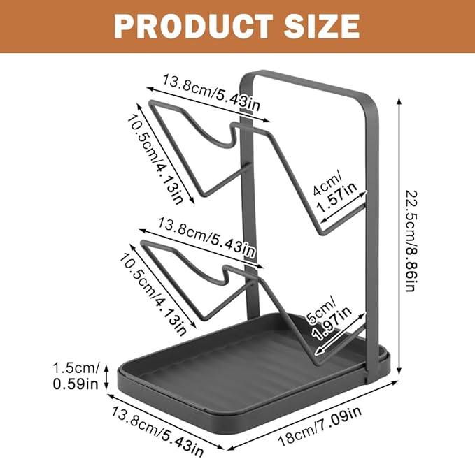 2-Tier Pot Lid Holder for Stove Top, Heavy Duty Carbon Steel Pot Lid Organizer with Detachable Drip Tray & Spoon Rest, Multifunctional Kitchen Rack for Countertop (Gray)