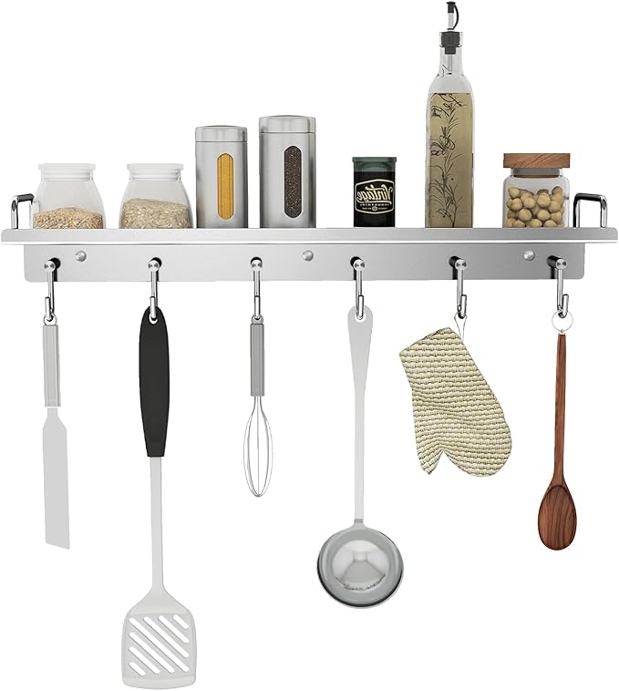 Audmore Kitchen Utensil Rack, 19.7 inch Spice Rack with 6 Hooks Wall Mount, Over the Stove Shelf, Stainless Steel, Hanging Storage Wall Shelf for Spatula Spoon, Seasoning Jar Organizer