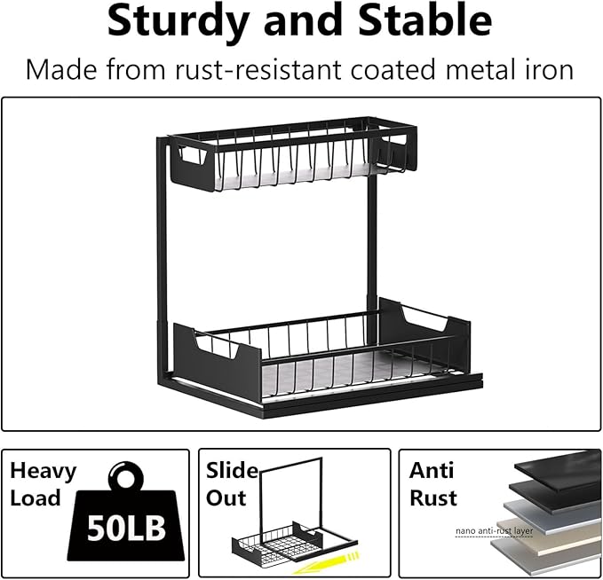 Ceetug Under Kitchen Sink Organizers and Storage Pull Out 2 Tier Metal Bathroom Cabinet Organizer (Black, 1 Pack)