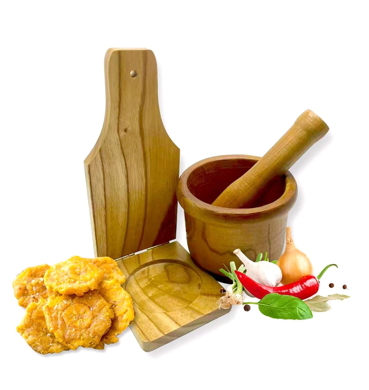 2pcs Pilon Tostonera Kitchen Latin Cuisine Wooden Mortar and Pestle with Natural Wood Plantain Press – Tostones Plantain Smasher Grinder for Fried Bananas, Garlic, Spices, Herbs, Peppers Add Flavor