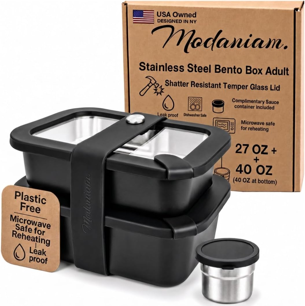 Stainless Steel Bento Box Adult, 40 OZ & 27 OZ Lunch Box Containers with Tempered Glass Lids, Meal Prep - Black