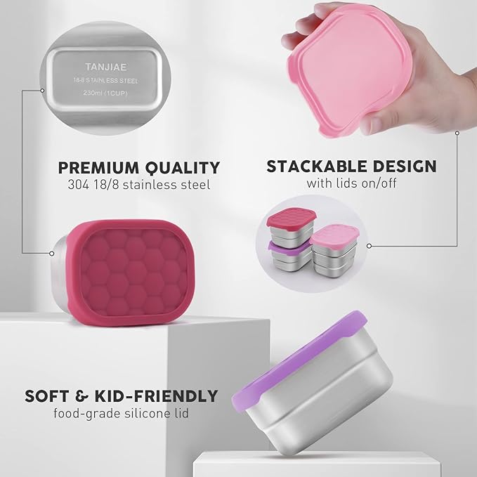 Tanjiae Small (1 CUP) Stainless Steel Snack Containers for Kids | Easy Open Leak Proof Food Containers with Silicone Lids - Perfect Metal Toddler Lunch Box for Daycare and School (8oz)