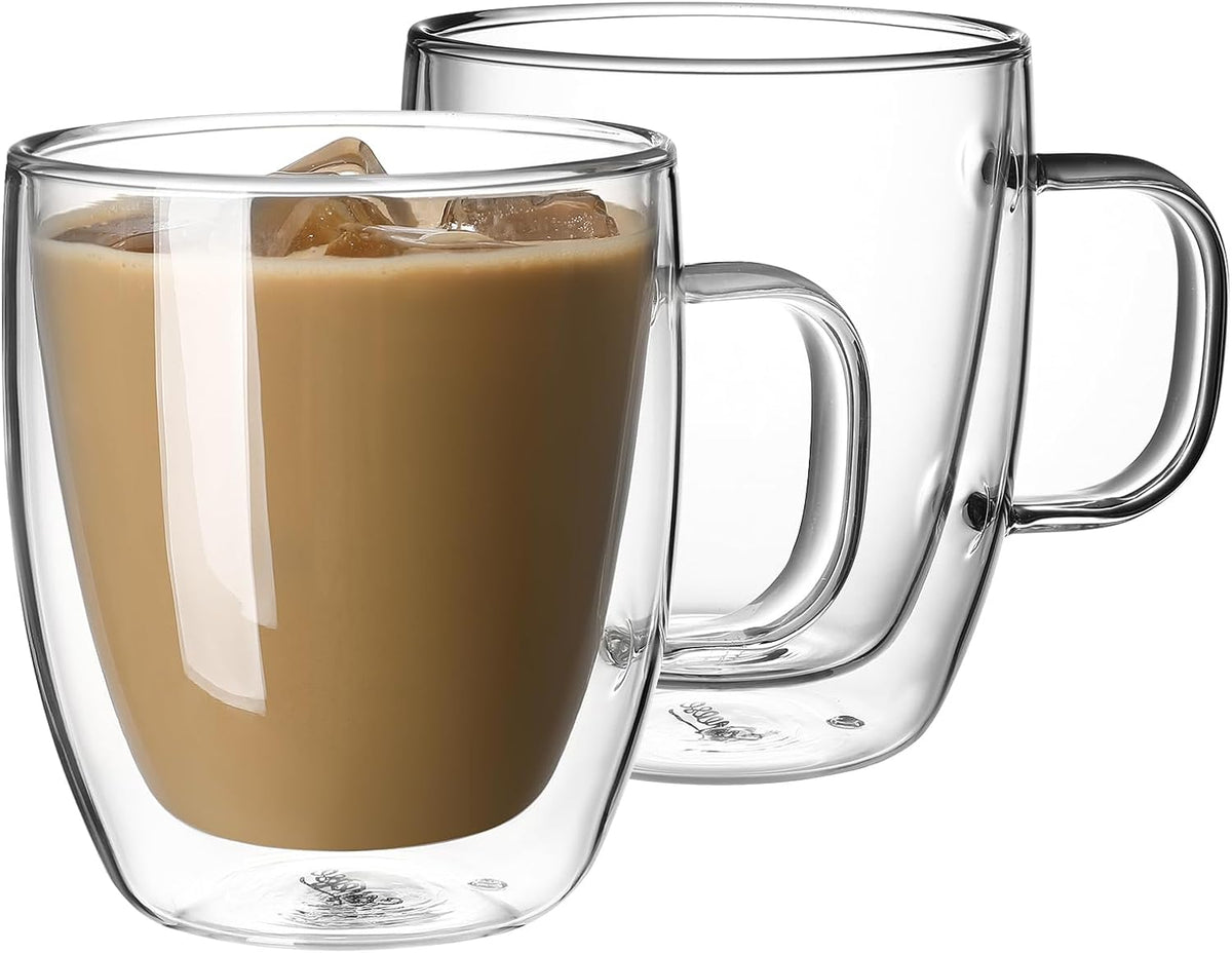 12.5 oz Double Wall Glass Coffee Mugs Set of 2 - Insulated for Espresso, Latte, Tea Beverages
