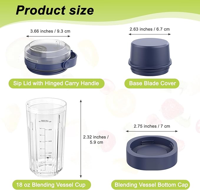 18 oz Vessel Cup Compatible with Ninja Blast Portable Blender, Accessories Sip Lid with Carry Handle, Bottom Cap and Blade Cover Fits for BC150/ BC100 Series Blender (Denim Blue)