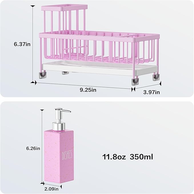 Cisily Kitchen Soap Dispenser Set with Sink Caddy, Glass Bottle, Hand and Dish Soap Dispenser Set with Sponge Holder (Pink Bottles + Pink Sponge Holder)