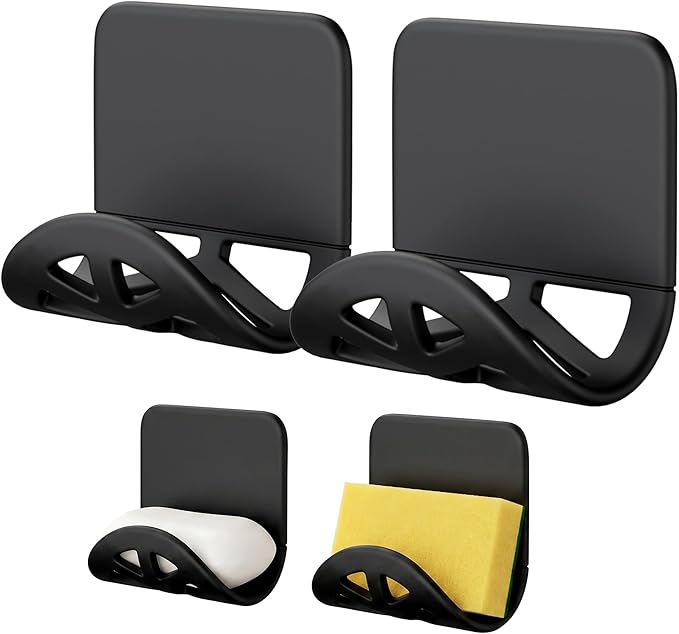 2Pack Sponge Holder for Kitchen Sink, Strong Self-Adhesive Sink Caddy Soap Holder, Silicone Rustproof for Sponges, Brushes, Stoppers, Razo, Flexible-2.9" x 4.92" (Black)