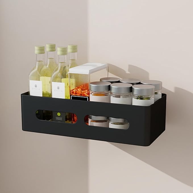 Magnetic Spice Storage Refrigerator Rack Seasoning Organizer Wall-Mounted Shelf with Hook for Kitchen Bathroom Organization (6, Black)