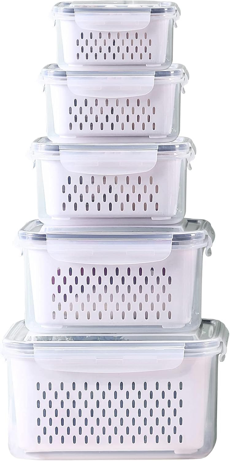 Large Fridge Food Storage Container Set with Lids with Strainer, Fruit Vegetable Storage Containers Keep Fruits, Vegetables, Berry, Meat Fresh longer, BPA-Free Plastic Produce Keepers