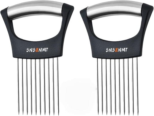 Onion Holder for Slicing, Upgrade Stainless Steel Onion Slicer Holder Lemon Slicer Vegetable Cutter, Assistant Tool for Slicing Fruit, Potato, Tomato and Meat (2 Pack)
