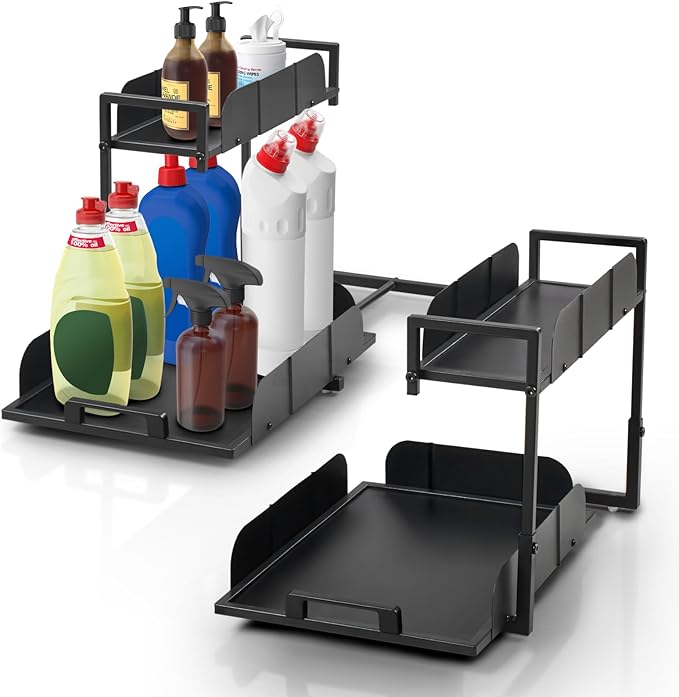 Under Kitchen Sink Organizer, 2 Tier Metal Pull Out Cabinet Organizer with Sliding Drawer, Heavy Duty Bathroom Organizers and Storage Shelf, Storage and organization for Home,Laundry,Office, 2 Pack
