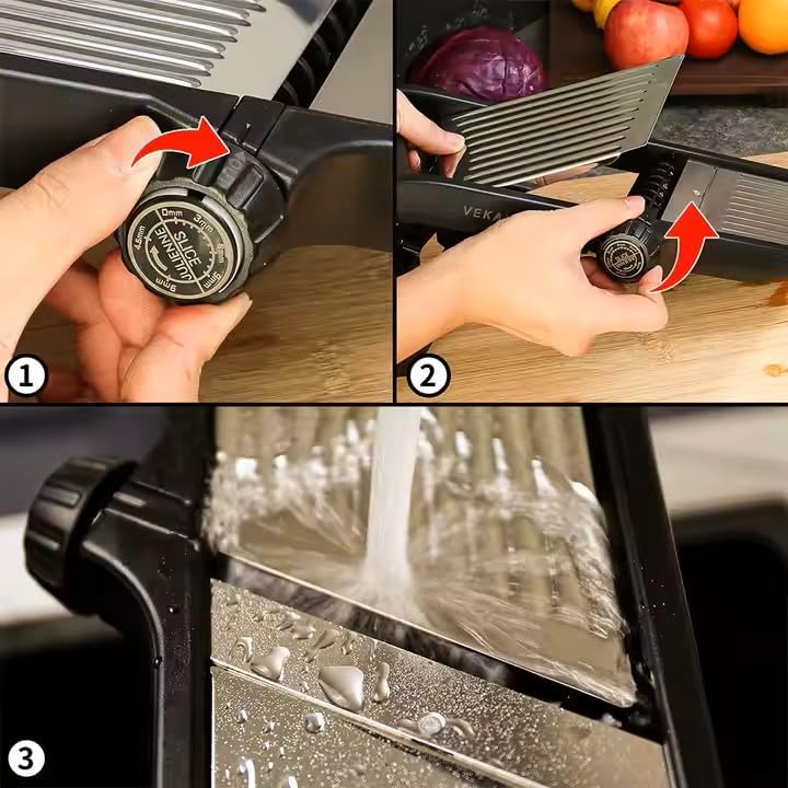 Adjustable Stainless Steel Mandoline Slicer for Kitchen – Sharp & Durable Vegetable and Fruit Cutter with Non-Slip Grip, Safety Gloves, Cleaning Brush – Easy-Clean & Dishwasher-Safe - Image 5