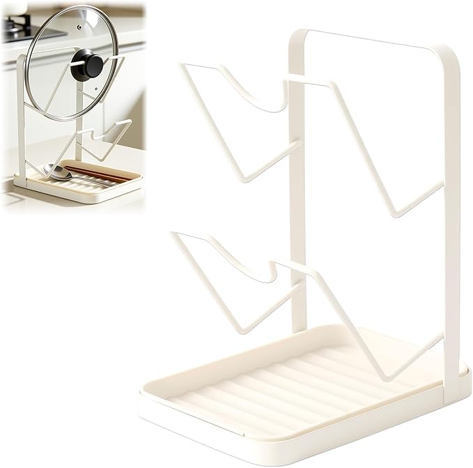 Kitchen Pot Lid Storage Rack, Pot Lid Organizer, Stainless Steel Pot Lid Holder while Cooking, Multifunctional Kitchen Pot Cover Organizer for Countertop(White)