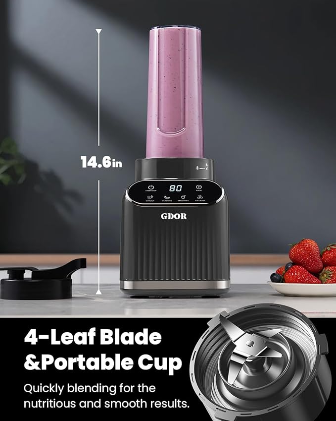 GDOR Professional Blender for Kitchen, 1200 Peak Watts Smoothie Blender, 5 Functions for Ice Crushing & Frozen Fruit, 52 Oz Glass Jar & 24 Oz To-Go Cup Combo, Self-Cleaning, Gray