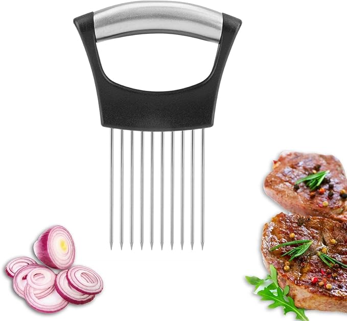 Stainless Steel Onion Holder, Fruits Veg Meat Tomato Cutter, Slicer Peeler Chopper with 10 Prongs Handy, Kitchen Gadgets Safety Cooking Tools