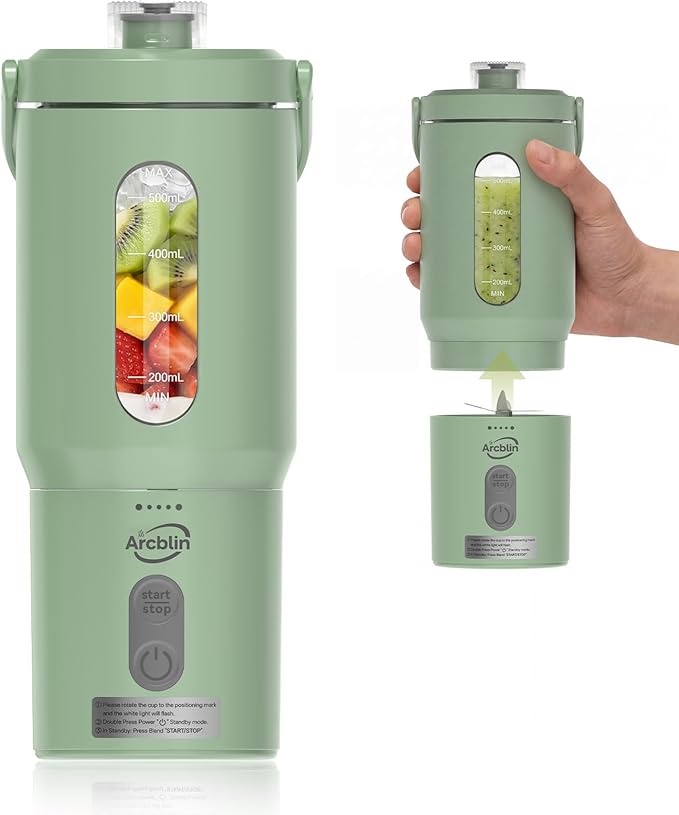 Personal Portable Blender, Detachable To-Go Cup& Carry Handle,17oz Blender Cup for Shakes and Smoothies, Rechargeable Mini Juicer for Gym, Baby Food, Auto-Shutoff, BPA Free, Green