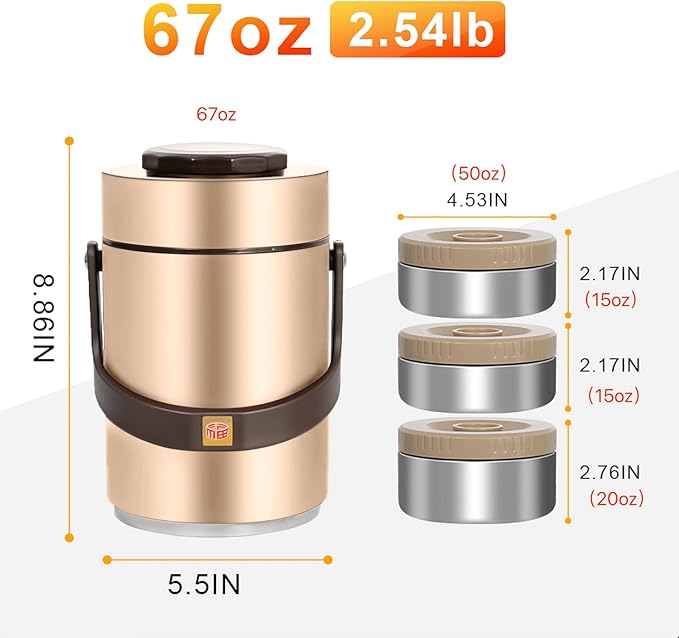 Pawovdeq 67 oz Adults Stainless Steel Vacuum Insulated Wide Mouth Soup Food Thermo Hot Food Jar with Keep Thermal Portable 3 Tier Stackable Bento Hot Food Containers Lunch Boxes (67 oz Gold)