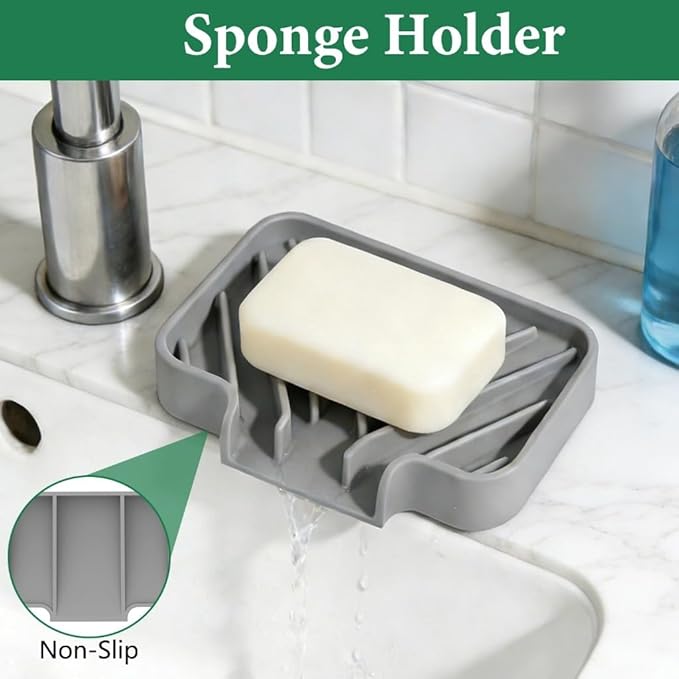 GUUKIN Sponge Holder for Kitchen Sink, Sink Caddy and Soap Tray | 5x3.5 inch Kitchen Sink Organizer | Compatible with Scrub Daddy, Kitchen Sink Accessories (Grey)