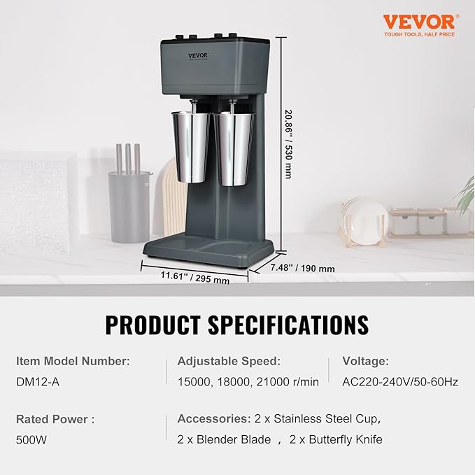 VEVOR Milkshake Maker, 375W x 2 Electric Milkshake Machine, Double Heads Drink Mixer Blender Machine, 3-Speed Milkshake Mixer with 2 x 820 ml Stainless Steel Cups, for Commercial and Home