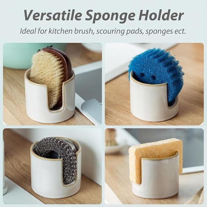 Zoeeker Sponge Holder for Kitchen Sink, Ceramic Dish Sponge Drying Caddy Scrubby Daddy Kitchen Organizer Cute Dish Rack for Sink Counter, Beige White