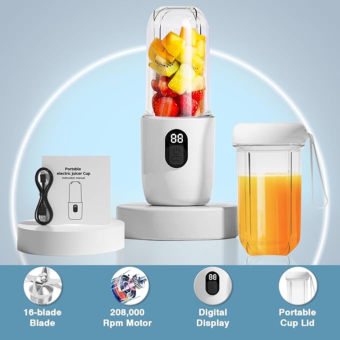 Portable Blender for Shakes and Smoothies, 17oz USB-C Rechargeable Mini Mixer with 16 Blades, LED Power Display, Safety Lock, Lightweight Travel Blender, Perfect for Gym, Office, On-the-Go