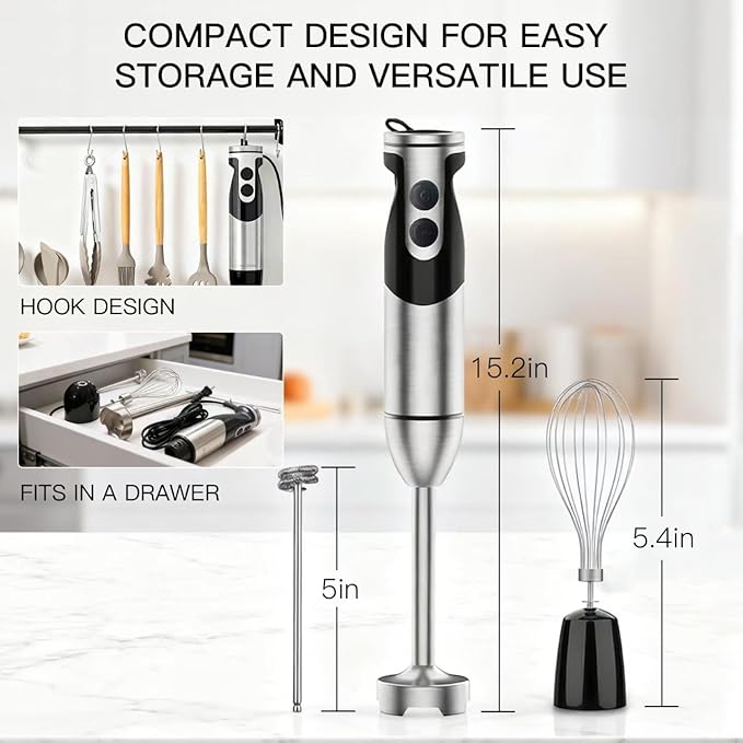 MegaWise Hand Blender, Immersion Blender Handheld 12-Speed with 80% Sharper Blades, Titanium Reinforced Stainless Steel 3-in-1 Immersion Blender,Includes Whisk and Milk Frother (3-in 1 Black)