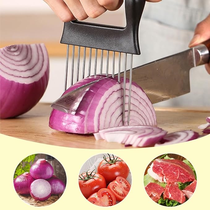 Onion Holder for Slicing, 2025 New Stainless Steel Onion Slice Holder Lemon Slicer Vegetable Cutter, Kitchen Chopper Slicing Assistant Tool for Meat, Onion, Potato, Tomato (A-1PCS)