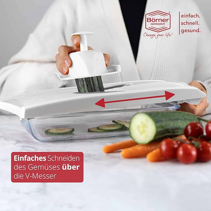 Börner Mandoline Slicer V1 (Basis Set) • V-Slicer with 2 Inserts & Fruit Holder • Adjustable Kitchen Slicer for Vegetables & Fruits • Vegetable Cutter • 3 Thickness Settings • Color: White