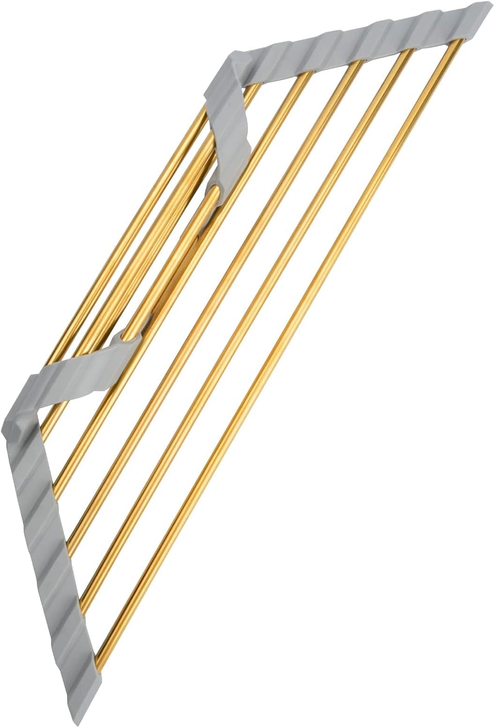 Small Triangle Roll Up Dish Drying Rack, Stainless Steel Kitchen Foldable Sink Caddy Organizer Sponge Holder for Sink Corner, Gold
