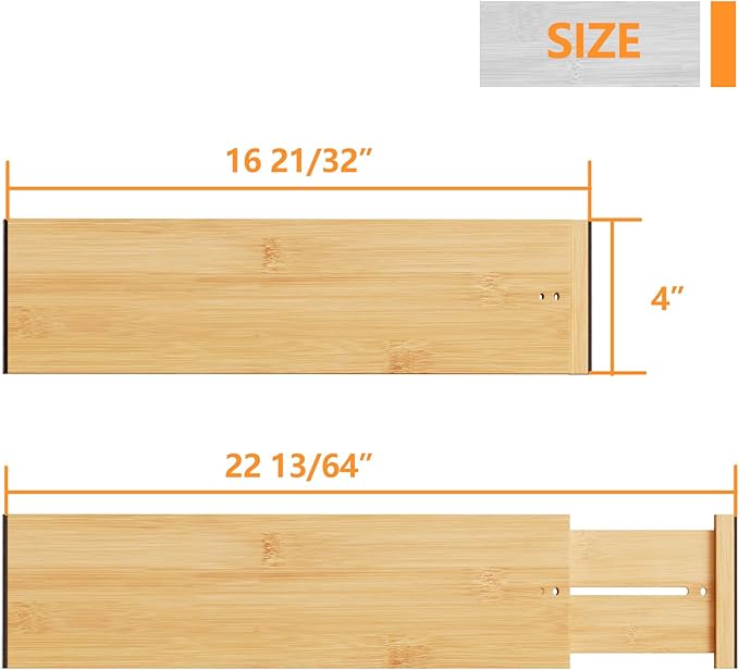 BAMEOS Bamboo Expandable Drawer Dividers – Fits 16.65"–22" Drawers, 4" Extra Deep Walls, Set of 4 | Maximum-Height Spring-Loaded Organizer for Deep Kitchen, Bathroom & Dresser Drawers