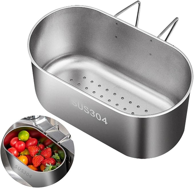 SYCOOVEN Stainless Steel Sink Drain Strainer Basket, Multifunctional Hanging Sink Strainer Colander Drain Basket Kitchen Sink Food Waste Filter and Wash Vegetables Fruits(Silver)