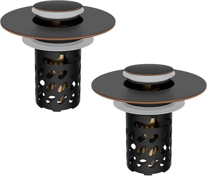 iFealClear 2 Pack All Metal Bathroom Sink Stopper, Pop Up Sink Drain Strainer with Removable Stainless Steel Filter Basket, Universal for 1.1"-2.36" Sink, Brass Bounce Core, Oil Rubbed Bronze