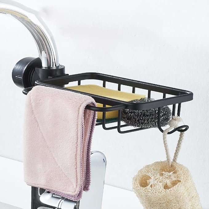 Kitchen Faucet Sponge Holder Sink Caddy Organizer Over Faucet Hanging Faucet Drain Rack for Sink Organizer (Black-Upgraded)
