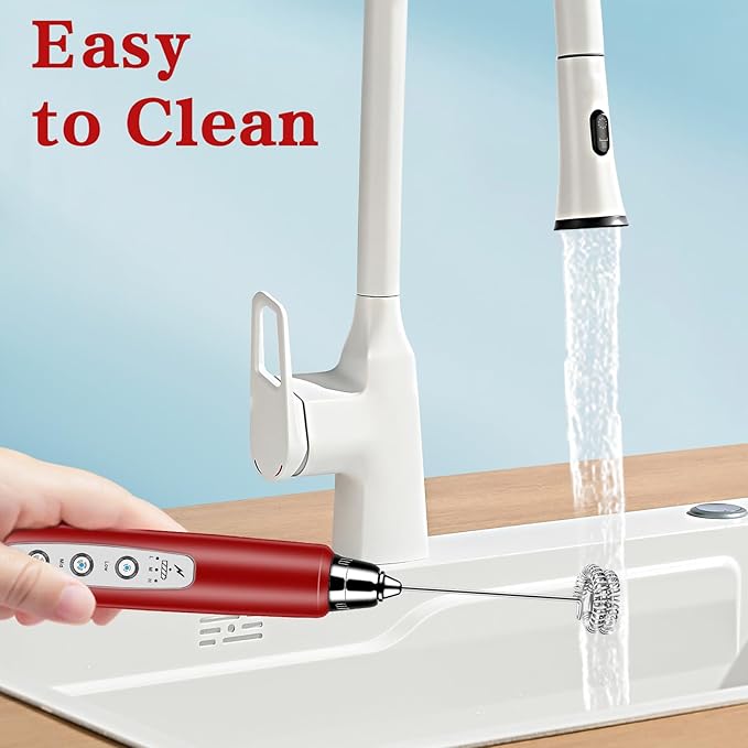 Milk Frother Handheld with Stand, Electric Whisk 3 Speed Adjustable, Drink Mixer with Stainless 3 Whisk, Rechargeable Hand Frother Wand, Foam Maker for Latte Cappuccino Hot Chocolate Egg Red