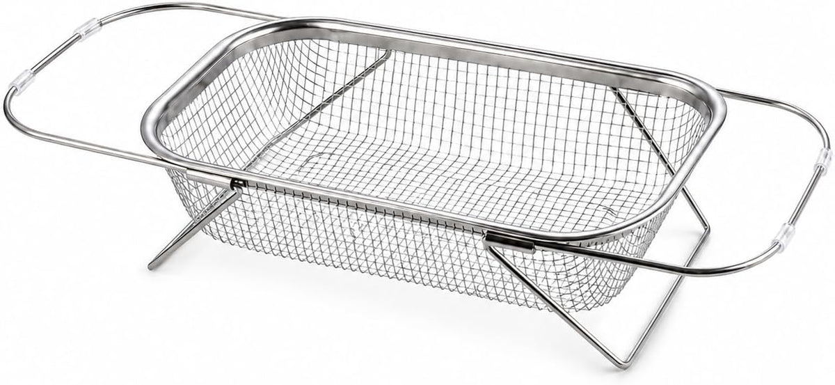 Expandable Over the Sink Colander, 14.6 x 10.6 Inch Stainless Steel Mesh Strainer Basket with Extendable Handles and Folding Feet for Washing Fruit, Vegetables and Draining Dishes, Large