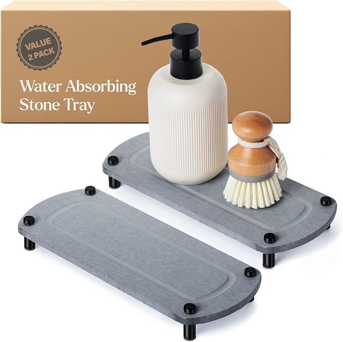 2PCS Water Absorbing Stone Soap Tray for Kitchen Bathroom Sink, Quick Dry Diatomaceous Earth Drying Rack and Shower Caddy, Soap Dispenser and Sponge Holder Organizer for Countertop
