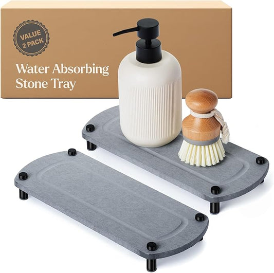 2PCS Water Absorbing Stone Soap Tray for Kitchen Bathroom Sink, Quick Dry Diatomaceous Earth Drying Rack and Shower Caddy, Soap Dispenser and Sponge Holder Organizer for Countertop