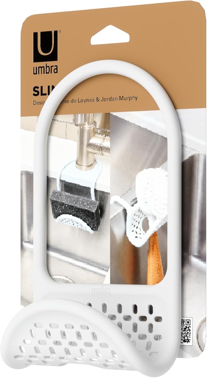 Sling Kitchen Sink Caddy Sponge Holder, Hangs Over Faucet or Divider, White