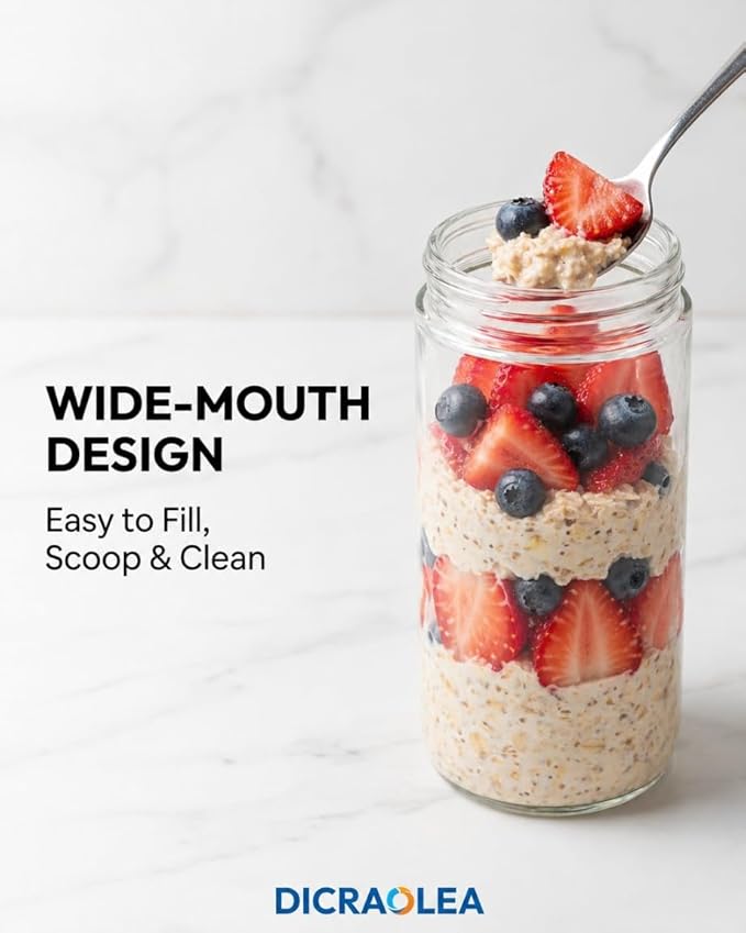 24oz 4Pack Glass Overnight Oats Jars Containers with Airtight Leakproof Lids, Reusable Mason Jars for Meal Prep, Yogurt Parfaits, Smoothies, Salads & Healthy Breakfasts (24 OZ-4-2)