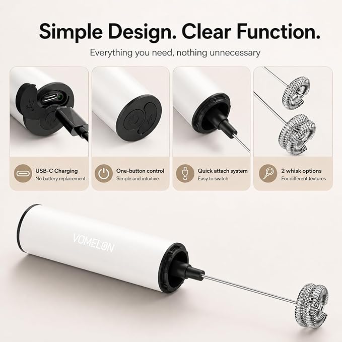 Milk Frother, Rechargeable Battery Operated Frother for Coffee,Portable Drink Mixer with 2 Stainless Steel Whisk Heads,Milk Foamer for Keto Coffee, Latte, Cappuccino, Hot Chocolate,White