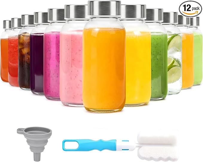 Luxfuel 8 oz Glass Water Bottles with Lids, 12 Pack Small Glass Juice Bottles with Stainless Steel Caps & Funnel, Leak-Proof Containers for Juicing, Milk, Ginger Shots, Smoothies, Wellness Drinks