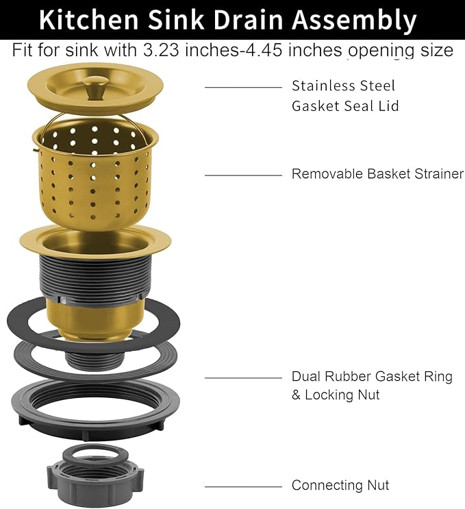 Sink Strainer Kitchen Sink Drain Assembly Kit 3-1/2 Inch with Kitchen Sink Drain Basket,304 Stainless Steel Sink Stopper & Cover Lid，Stainless Steel Gold Color
