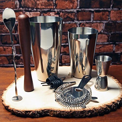 Professional Bartender Kit Cocktail Shaker Set | Bartending Tools & Accessories | Stainless Steel Martini Shaker, Strainer, Jigger, Pourers, Muddler, Mixing Spoon, Recipe Book & Velvet Bag
