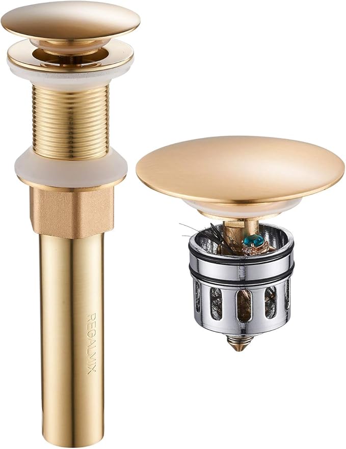 REGALMIX Brushed Brass Pop Up Sink Drain Without Overflow, Bathroom Faucet Vessel Sink Drain Stopper,Anti-Explosion and Anti-Clogging Drain Strainer, RWF082L…