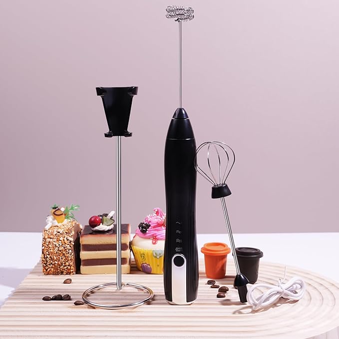 Rechargeable Handheld Milk Frother with Stand, Coffee Foam Frother Wand, Detachable Stainless Steel Whisk Drink Mixer for Coffee, Cappuccino, Lattes, Frappe, Matcha,Egg and Hot Chocolate (Black)