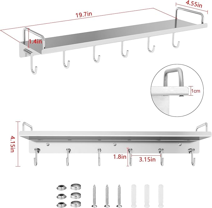 Audmore Kitchen Utensil Rack, 19.7 inch Spice Rack with 6 Hooks Wall Mount, Over the Stove Shelf, Stainless Steel, Hanging Storage Wall Shelf for Spatula Spoon, Seasoning Jar Organizer