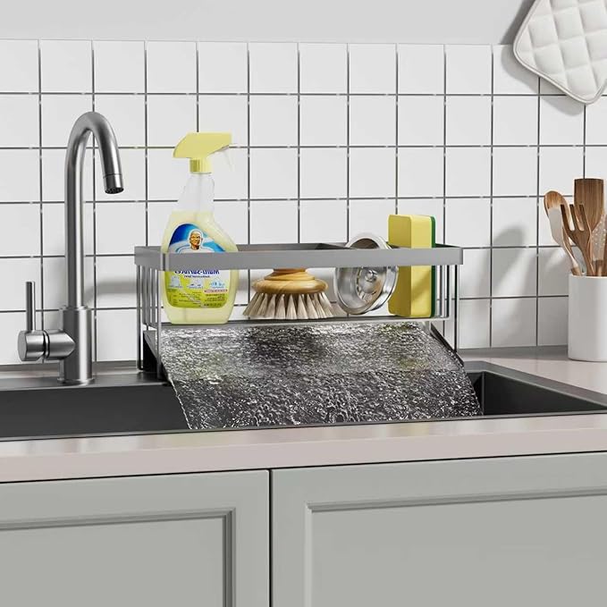Kitchen Sink Caddy Organzier with Sponge Holder and Removable Drip Tray for Kitchen Sink, 304 Stainless Steel Organize for Sponge Soap Dish Brush Storage Accessories(Grey)