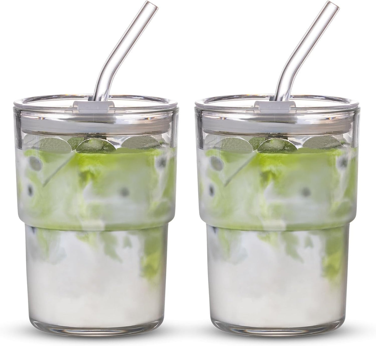 13oz/400ml Tumbler Water Glass, Cups with Straw and Lid Sealed Carry on for Coffee, Iced Tea, Thick Wall Insulated Glass Cup (white,2pack)