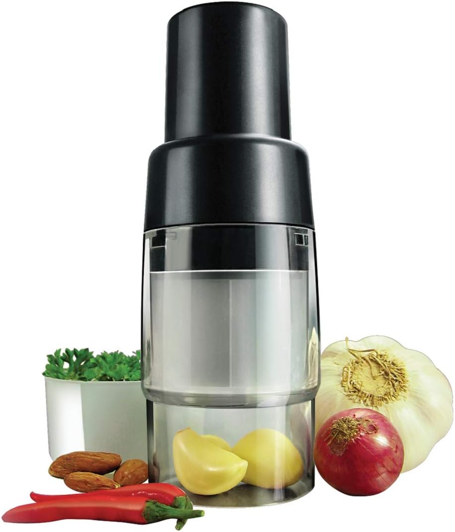 Mini Chopper | Compact Manual Food Chopper Cutter Mincer for Garlic Nuts Ginger Herbs Parsley Chili Peppers Mushroom | Sharp Stainless Steel Blades | Self-Contained Base to Hold & Chop Food