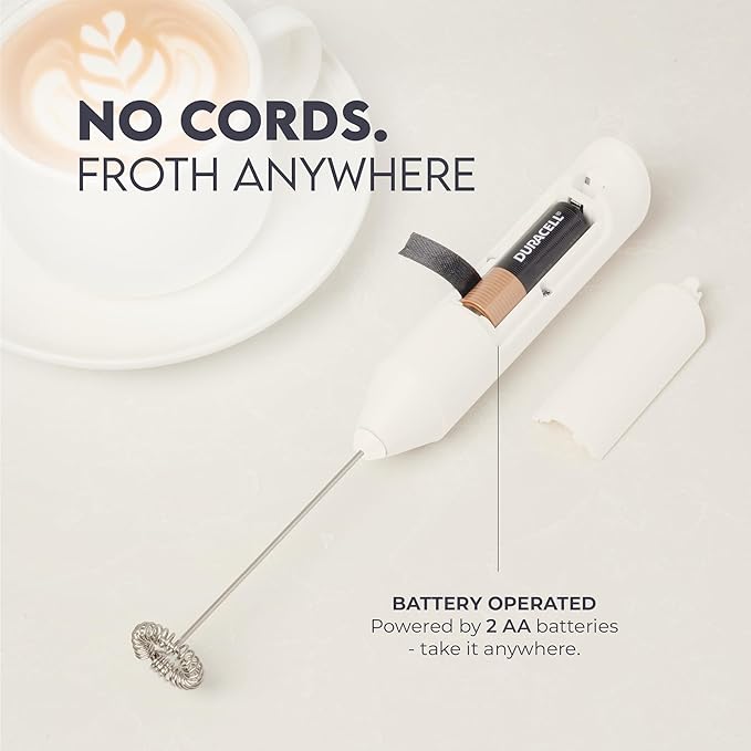 Zulay Kitchen Powerful Milk Frother AA Batteries Included – Ultra Fast Handheld Drink Mixer with Stainless Steel Whisk Stirrer for Coffee, Protein, Matcha & More, Frother Wand Electric Frothmate White