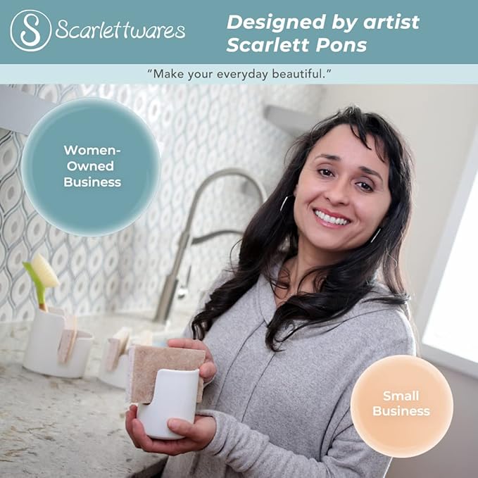 scarlettwares Ceramic Dish Sponge Holder for Kitchen Sink Dishwasher Safe Farmhouse Elegant Cute Sturdy